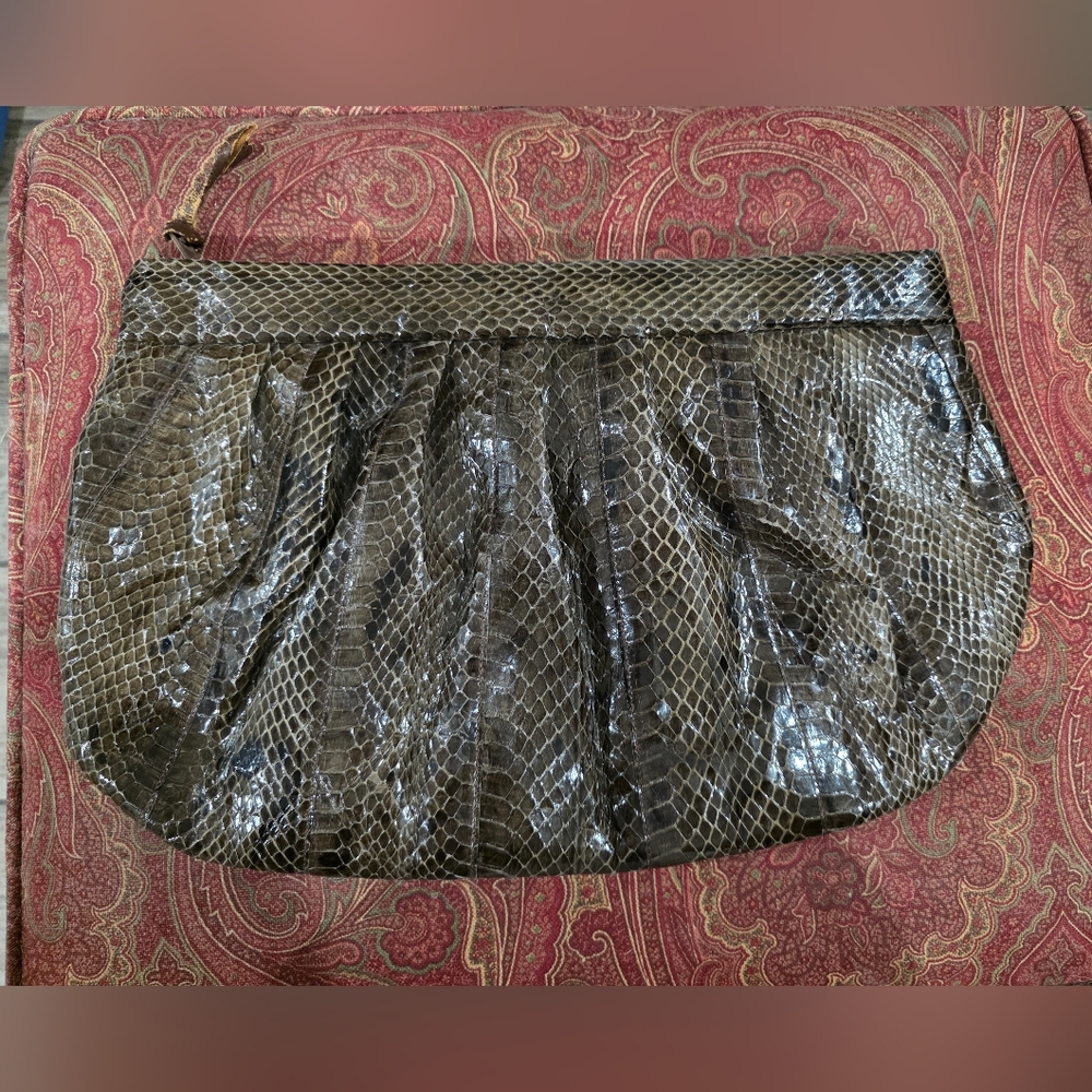 Vintage Jasmin genuine snakeskin clutch purse zip top retro evening bag brown
